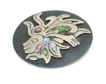 Vintage Mexico AMS Round Design Abalone Pin/Brooch 925 Sterling BB 2290