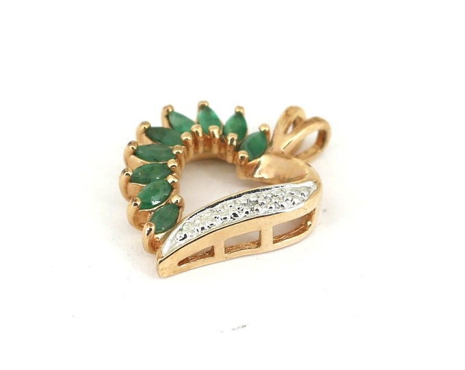 Vintage China Heart Shape Green & Clear CZ Inlay Gold Plated Love Pendant 925 Sterling Silver PD 2970