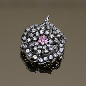 Vintage Beautiful Blooming Flower Rose Shiny Round White Pink Crystals CZ Design Pendant 925 Sterling Silver PD 2846