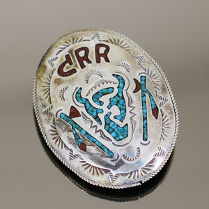 Vintage Navajo Turquoise Coral Chip Multi Stone Inlay Design Bolo Tie 925 Sterling Silver OT 241