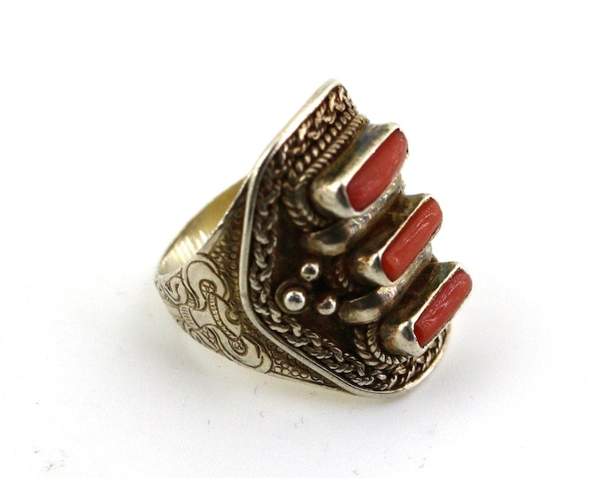 Vintage Braided Red Coral Sterling Silver Ring - Indonesia Design, Size 8.5 RG 4388