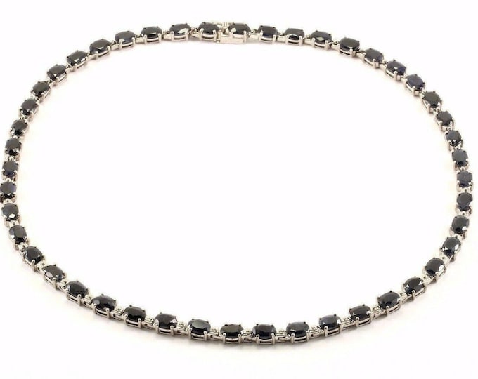 Vintage 17 Inch Oval Black Crystals Inlay Elegant 925 Sterling Silver Necklace Nc 842
