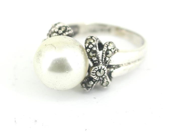 Vintage Size 7.5 Thailand Marcasite Pearl Stone Ring Sterling 925 Silver RG 4596