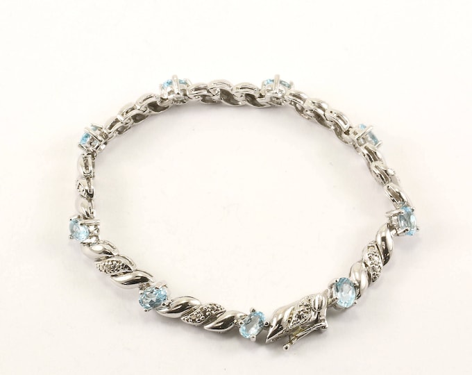 Vintage Shiny Oval Blue Crystals CZ Tennis Bracelet 925 Sterling BR 311-E