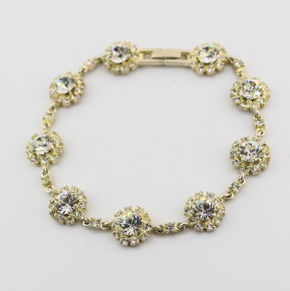Vintage Sparkling White Crystals CZ Flowers Floral Design Tennis Chain Bracelet 925 Sterling Silver BR 852L