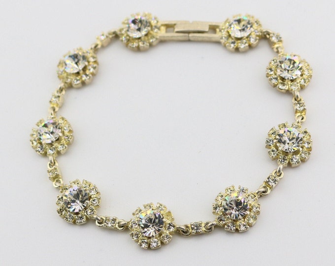 Vintage Sparkling White Crystals CZ Flowers Floral Design Tennis Chain Bracelet 925 Sterling Silver BR 852L