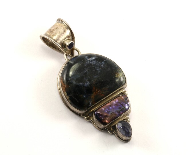 Vintage Large Sodalite Abalone Pendant 925 Sterling Silver PD 1533