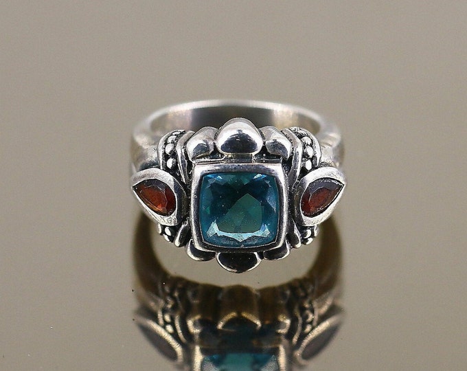 Vintage Size 6 Square Shape Blue Red Shiny Crystals CZ Beaded Design Ring 925 Sterling Silver  Rg 535