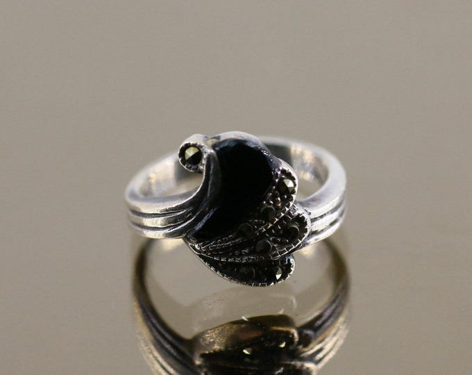Vintage Scroll Waves Wing Black Onyx Marcasite Stones Design Ring 925 Sterling Silver Size 5.75 RG 4392