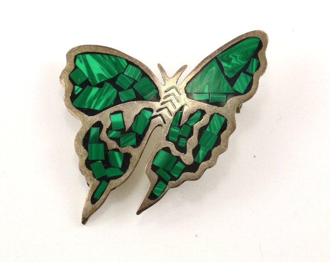 Vintage Mexican Malachite Butterfly Design Pin / Brooch 925 Sterling BB 724