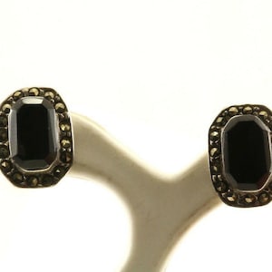 Vintage Rectangle Onyx Marcasite Stud Earrings 925 Sterling Silver Er 907