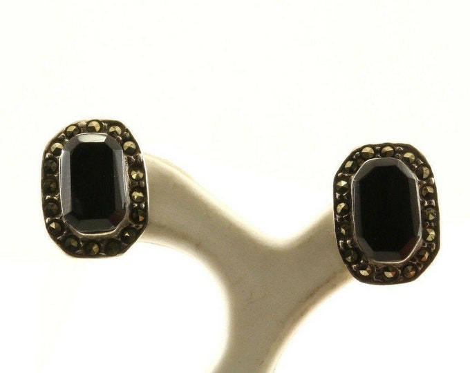 Vintage Rectangle Onyx Marcasite Stud Earrings 925 Sterling Silver Er 907