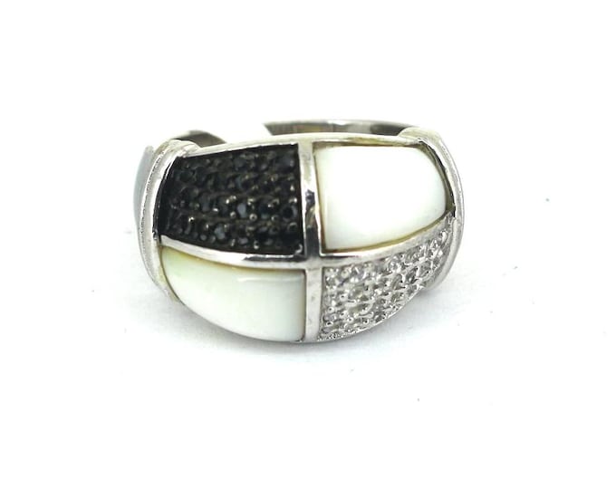 Vintage Beautiful White MOP Mother Of Pearl Scroll White Crystals CZ Design Ring 925 Sterling Size 7 RG 4668