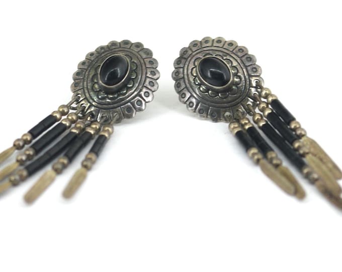 Vintage Concho Black Onyx Stones Drop Dangle Design Earrings Sterling 925 Silver Earrings ER 1504