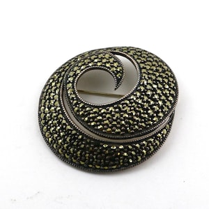 Vintage Judith Jack Shiny Scroll Beaded Leaves Marcasite Stones Large Design Brooch Sterling Silver 925 BB 2364U