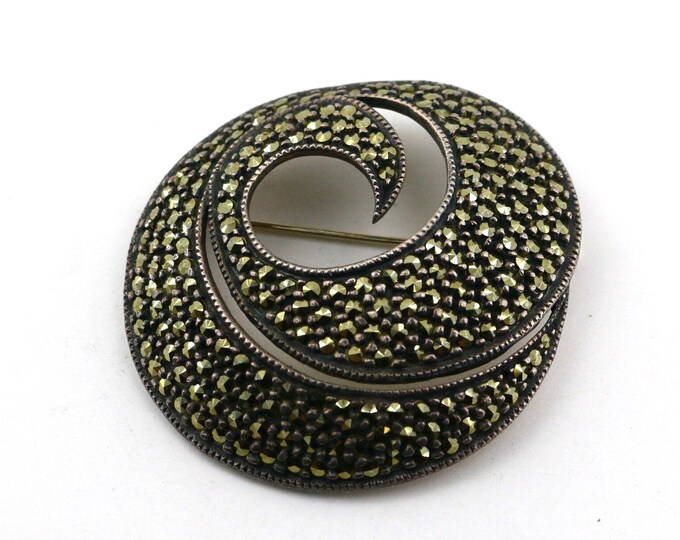 Vintage Judith Jack Shiny Scroll Beaded Leaves Marcasite Stones Large Design Brooch Sterling Silver 925 BB 2364U