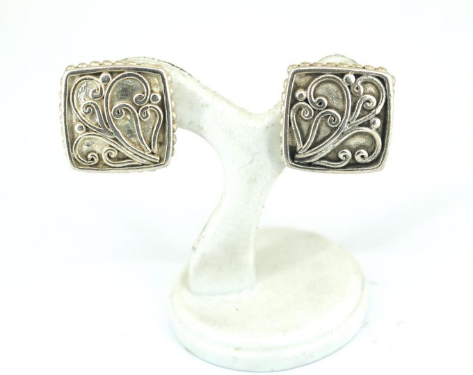 Vintage Square Scroll Design Earrings Butterfly Closure Sterling Silver 925  ER 1669