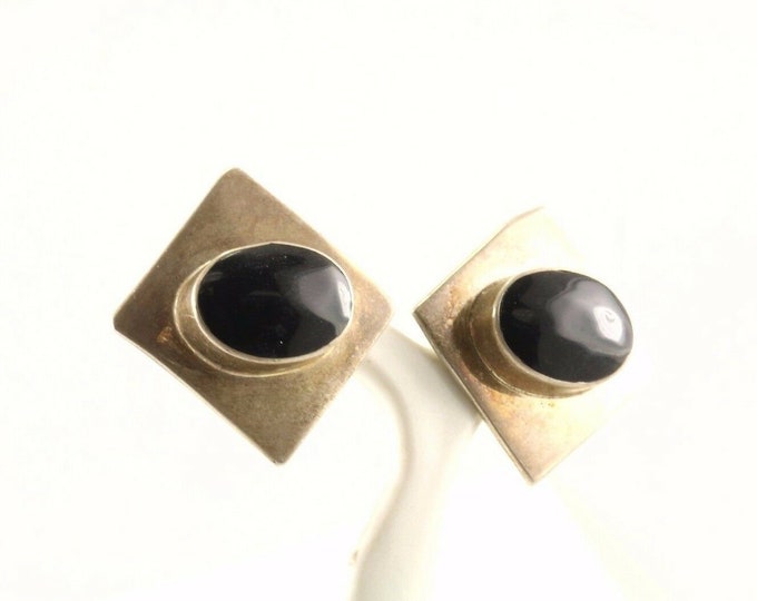 Vintage Mexico Rhombus Design Onyx Stud Earrings 925 Sterling Silver Er 632