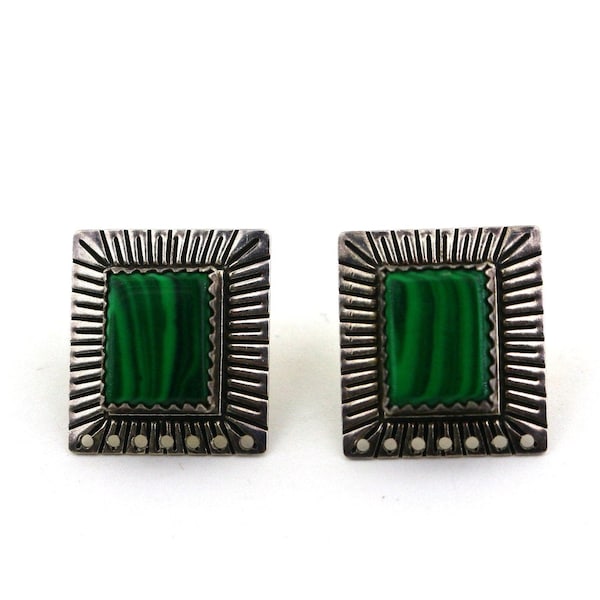 Vintage Sterling Silver Malachite Square Earrings ER 190U