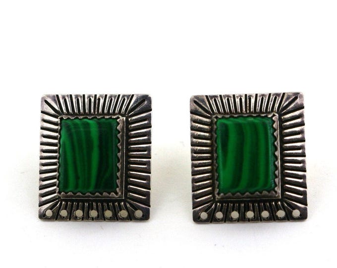 Vintage Sterling Silver Malachite Square Earrings ER 190U