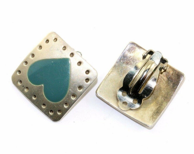 Vintage Square Heart Blue Calcite Inlay Clip On Earrings 925 Silver Er 527