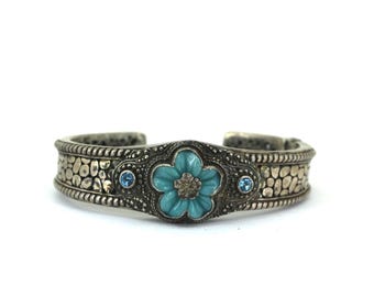 Vintage Sarda Sleeping Beauty Turquoise Flower  Design Bangle Bracelet 925 Sterling Silver BR
