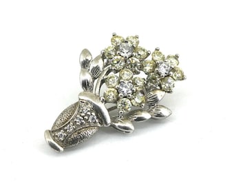 Vintage Flower Shape Shiny Inlaid Crystals CZ Brooch Sterling Silver 925 BB 1192