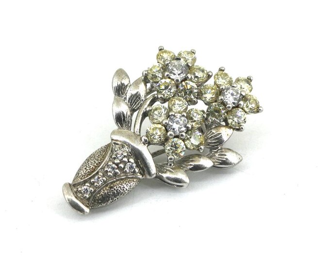 Vintage Flower Shape Shiny Inlaid Crystals CZ Brooch Sterling Silver 925 BB 1192