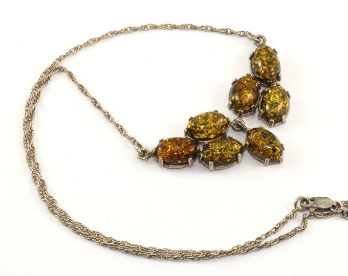 Vintage 17 Inch Oval Amber Stone Frontal Necklace 925 Sterling NC 409