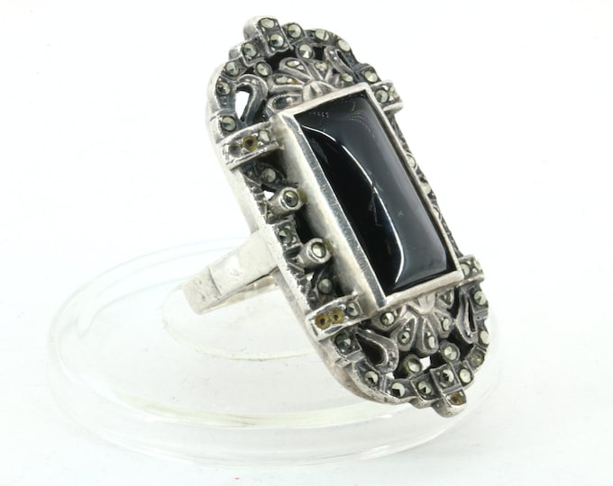 Vintage Size 7.25  Large Oval Black Onyx Ring 925 Sterling RG 2017