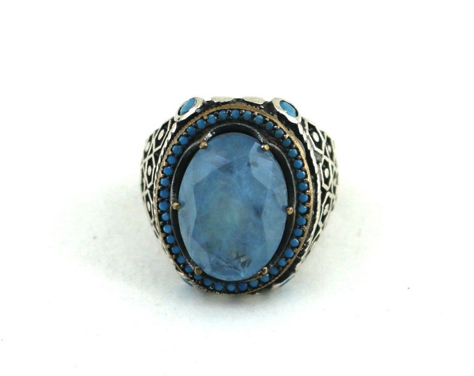 Vintage Size 10 Blue CZ Men Ring 925 Sterling Silver RG 4308