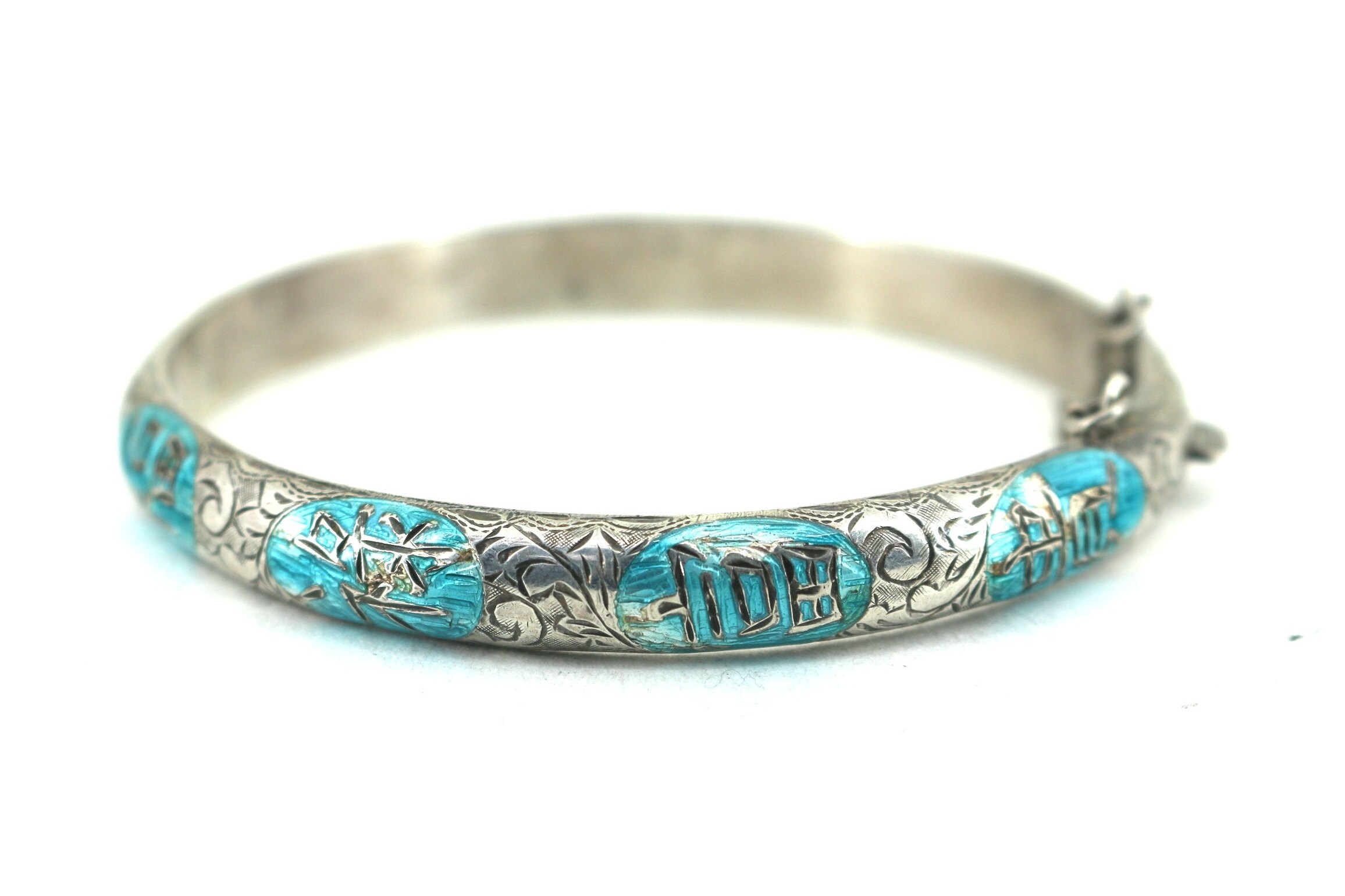 Vintage Etched Chinese Characters Bangle Bracelet 925