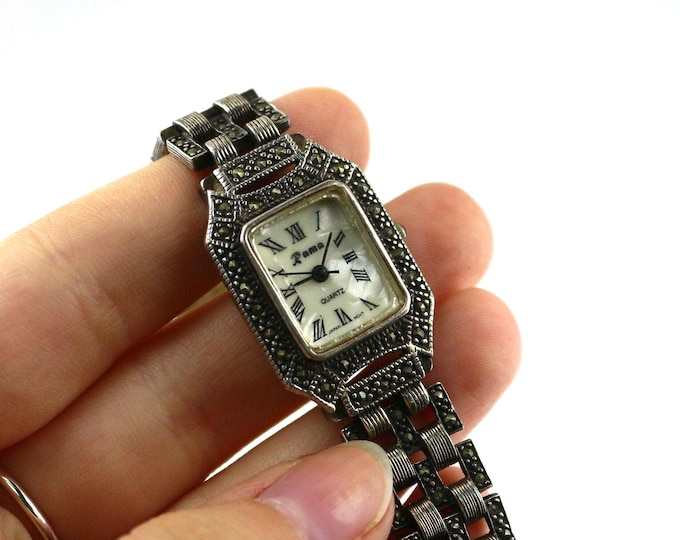 Vintage Rama Elegant Square Links Marcasite Stones Japan Quartz Movement Watch 925 Sterling Silver OT 346