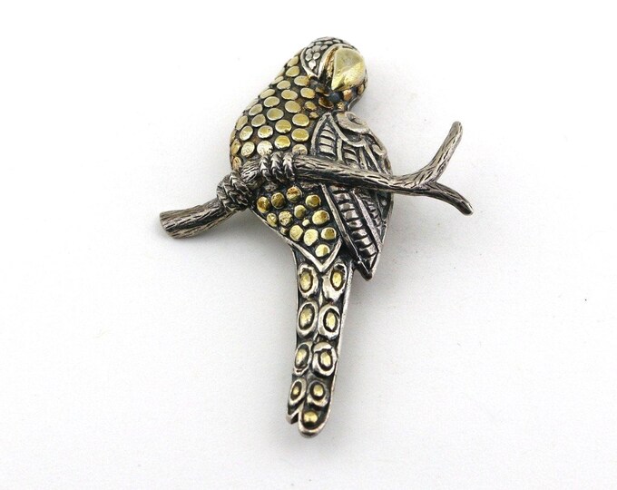 Beautiful Shiny Macaw Parrot Gold Plated Two Tone Animal Design Brooch Sterling Silver 925 BB 2344S