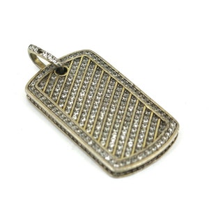 Vintage Large Army Tag Shape Iced Out CZ Gold Plated Design Pendant 925 Sterling Silver PD 867