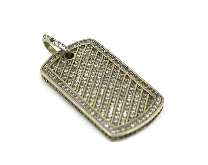 Vintage Large Army Tag Shape Iced Out CZ Gold Plated Design Pendant 925 Sterling Silver PD 867