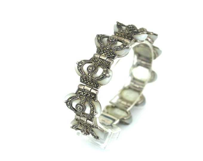 Vintage 7 In Mother Of Pearl & Marcasite Heavy Link Bracelet 925 Sterling Silver Bracelet | BR 2443