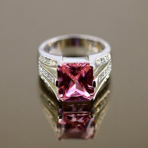 Vintage Size 7 Shiny Cushion Pink White Crystals CZ Statement Design Ring 925 Sterling Silver RG 4386