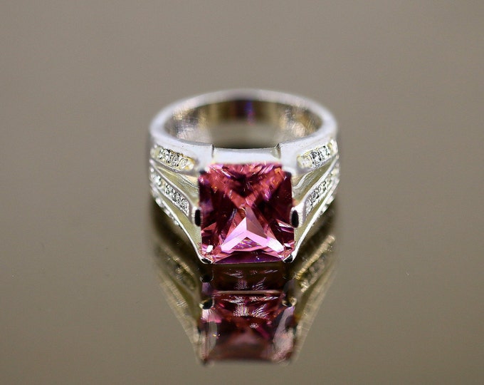 Vintage Size 7 Shiny Cushion Pink White Crystals CZ Statement Design Ring 925 Sterling Silver RG 4386