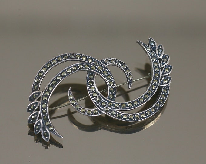 Vintage Scroll Swirl Marcasite Stones Design Brooch Sterling 925 BB 1838