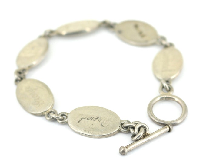 Vintage Mexico Charm Engraving 6 Disc Names Design Link Toggle Bracelet  Sterling 925 Silver BR 953