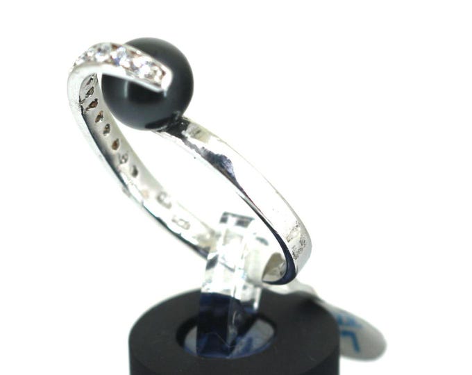 Vintage Size 8 Classic Inlaid Black Pearl& CZ Crystals Ring 925 Sterling RG 4659