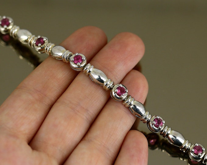 Vintage Thailand Shiny Round Oval Links Pink Crystals CZ Design Tennis Chain Bracelet 925 Sterling Silver BR 1253