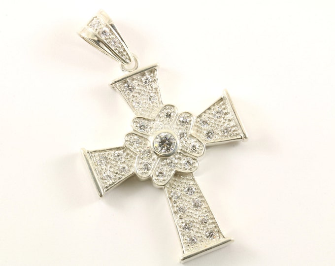 Vintage Large Religious Cross Crystals CZ Design Pendant 925 Sterling  PD 2041