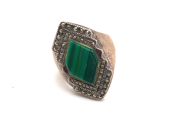 Vintage Size 7 Malachite Stone Design Ring | Marcasite Design Ring | 925 Sterling  Silver Ring RG 1462N