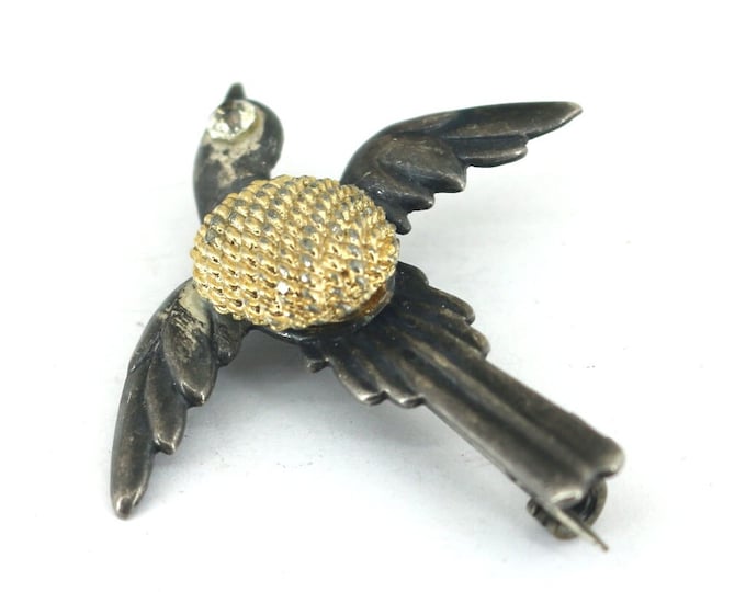 Vintage Pewter Dove Gold Tone Inlaid CZ Crystals Design Pin/brooch 925 Sterling BB 1308