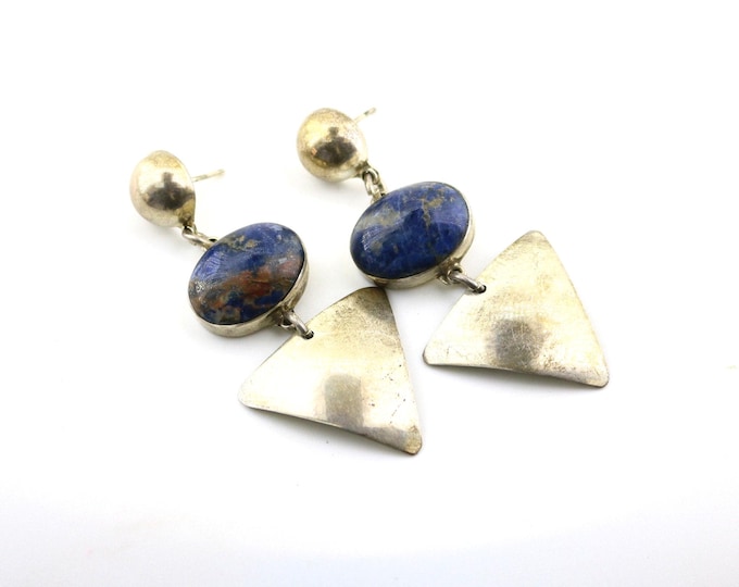 Vintage Lapis Lazuli Sterling Silver Stud Earrings Abstract Geometry Design ER 1767J
