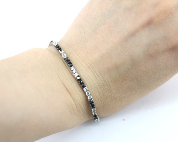 Vintage Adina's Sparkling Rectangle Dark Blue Crystals CZ Tennis Chain Bracelet 925 Sterling Silver BR 3375