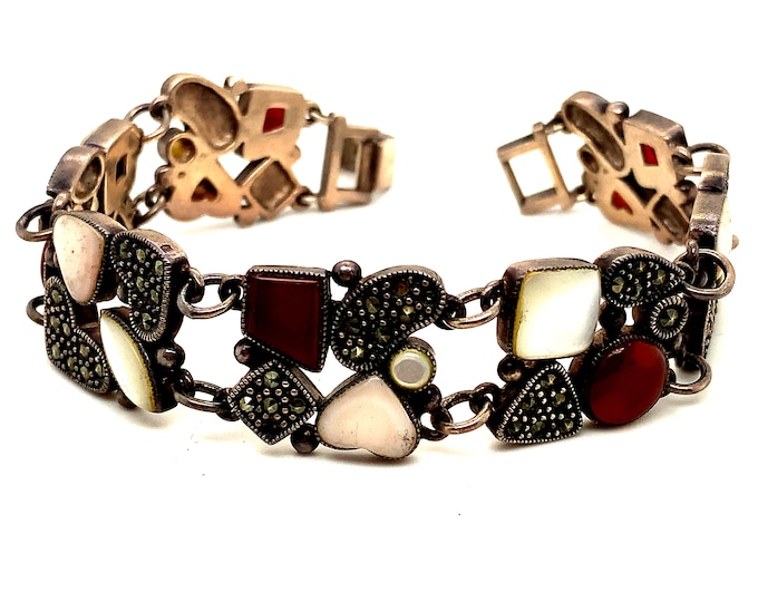 Vintage Bracelet | Marcasite Stones Design | Mother of Pearl Stone Bracelet | Carnelian Stones Bracelet | Sterling Silver 925 | BR 1053N