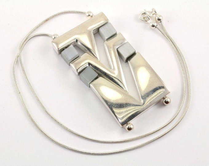Vintage Modernist Rectangle Mosaic Pendant Necklace 925 Sterling Nc 286(401744748255)